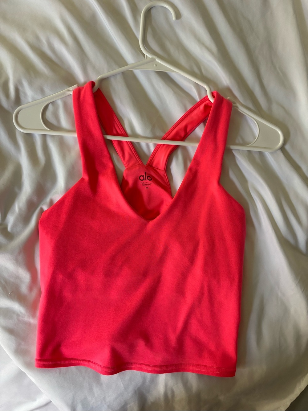 ALO Yoga Neon Coral Cropped Racerback Tank and Matching Leggings Set
